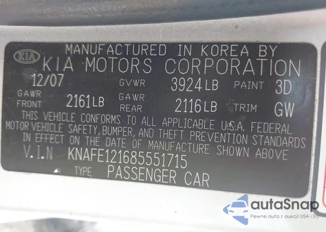 2008 Kia Spectra Ex z USA, uszkodzony, nr VIN KNAFE121685551715